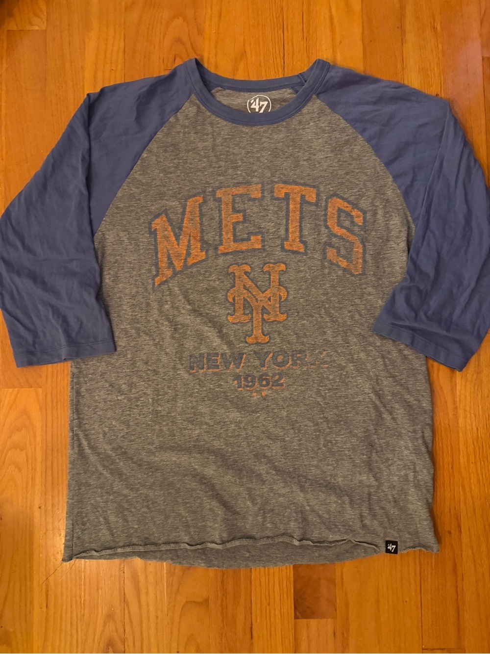 47 Brand New York Mets Heather Gray with Blue Raglan Tee